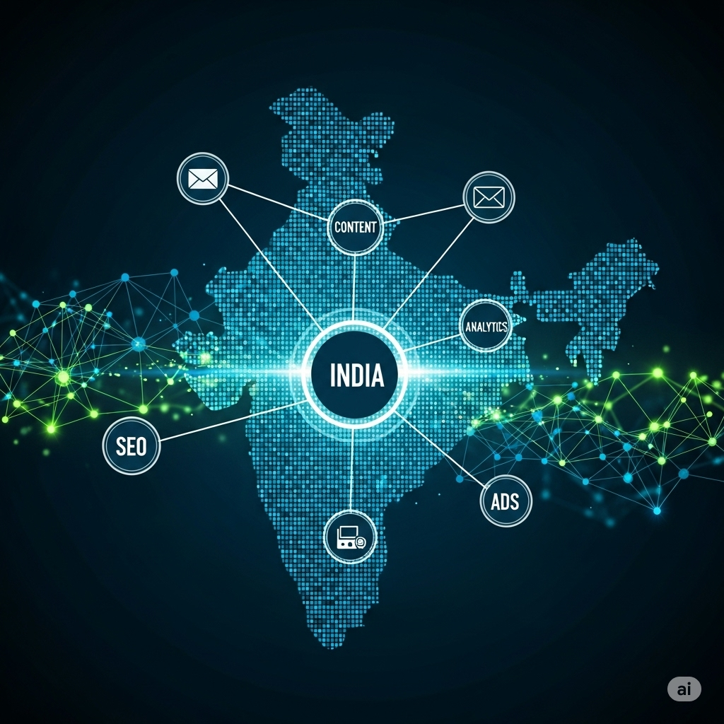 Digital marketing services in India represented through SEO, email, ads, and analytics icons over a digital India map.