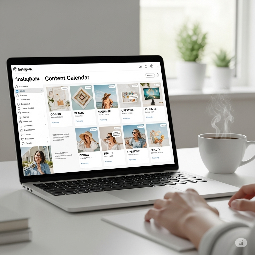 Content calendar on a laptop screen showing the top 6 strategies to boost your content on Instagram, with scheduled posts, hashtags, and captions in a modern workspace.